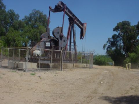 1988 Ford Bronco - An oil pumpjack stands in a dry, dusty area surrounded by trees under a bright blue sky.
