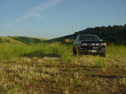 1988 Ford Bronco - Black Ford truck sits in a grassy field under a blue sky with scattered clouds.