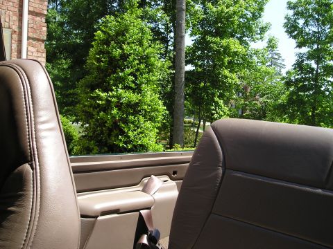 1996 Ford Bronco - View from inside a vehicle, showing tan leather seats and the center console, with lush green trees in the background.