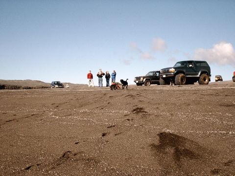 1996 Ford Bronco - Several off-road vehicles are parked on a sandy terrain with a group of people and dogs nearby.