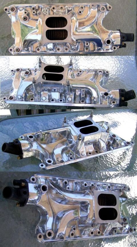1978 Ford Mustang II - Polished chrome intake manifold shown from multiple angles. Text at bottom reads 'SuperMotors.net'.