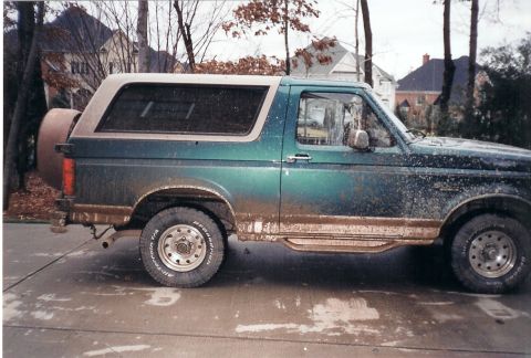 1996 Ford Bronco - A muddy 1996 Ford Bronco is parked on a wet surface, showing its side profile with a spare tire mounted at the back.