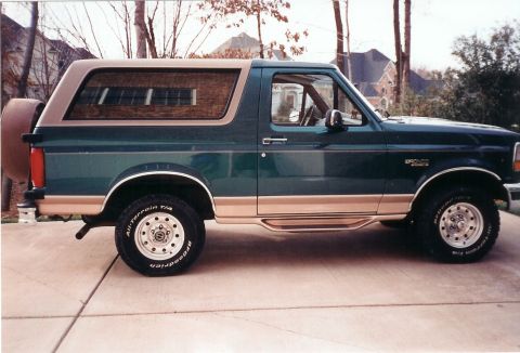 1996 Ford Bronco - This 1996 Ford Bronco is shown in a side profile, a two-tone green and tan paint scheme and a rear-mounted spare tire.