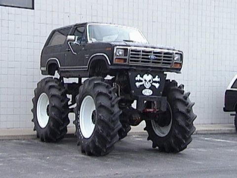 1995 Ford Bronco - This lifted Ford truck features oversized tires and a prominent skull and crossbones emblem on its front bumper. The grille suggests an ear…