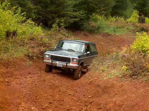1978 Ford Bronco - A 1978 Ford Bronco navigates a steep, muddy off-road path surrounded by dense foliage.