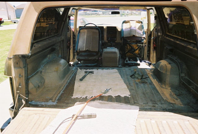 Hole now riveted in and sealed with another bronco quarter panel insert. Thanx to Dad Carl Wojo for helping with the final fit.