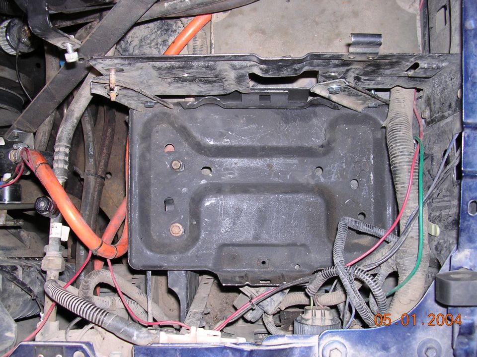 this is a dual battery tray from a diesel F250 that goes where the stock bronco washer/coolant resevoir is.  Totally bolt in, and the same as the main tray, just requires making new resevoirs.