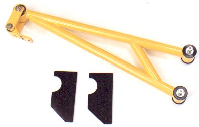 1974 Ford Bronco - Yellow suspension control arm and two black mounting brackets are shown against a white background.