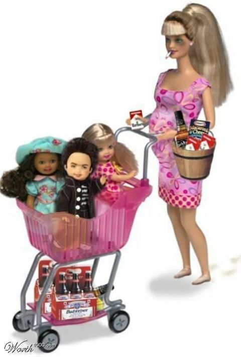 1997 Ford Expedition - A Barbie doll pushes a shopping cart filled with dolls and various items, including beer and cigarettes.