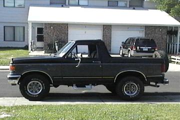 1989 Ford Bronco - Side view of a dark gray two-door Ford Bronco with a black top and a spare tire mounted on the rear.