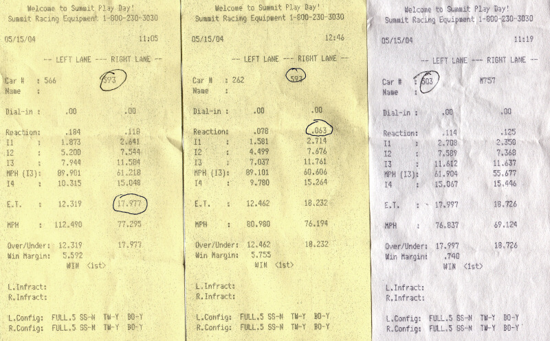 This is a bunch of timeslips from my latest test & tune. The first one is my best ET. The second one is my best reaction time. And the third is a race I actually won and the other car ('80s T-Bird V6) didn't get a foul.