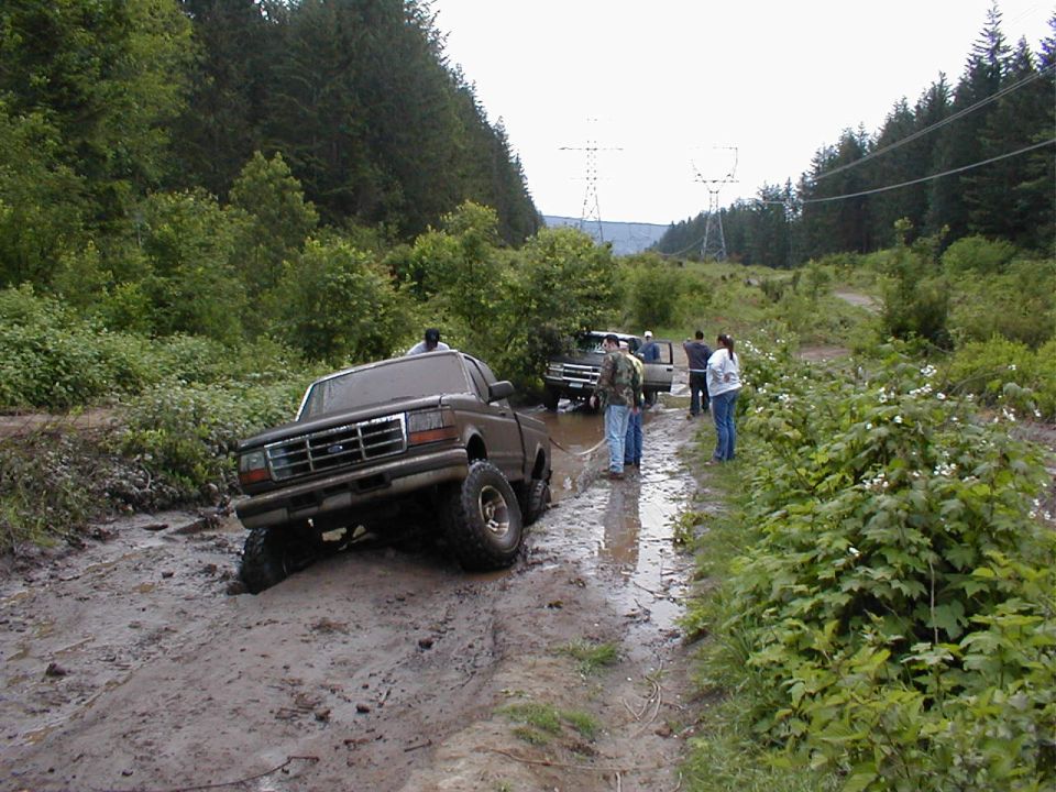 Brown Ford F-Series truck stuck in mud on a trail, with other trucks and people nearby