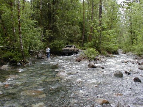 1983 Ford Bronco - A person stands by a stream as a brown pickup truck drives through the water in a wooded area.