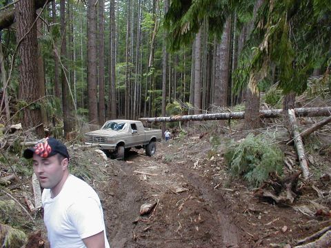 1983 Ford Bronco - A tan Ford F-Series truck navigates a muddy, debris-strewn forest road.
