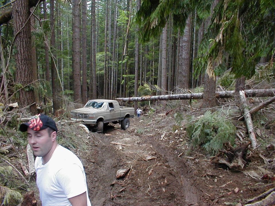 Tan Ford F-Series truck with lifted suspension on a muddy forest road