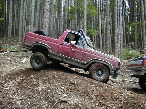 1983 Ford Bronco - This red 1983 Ford Bronco navigates a steep, wooded trail with a snorkel installed.