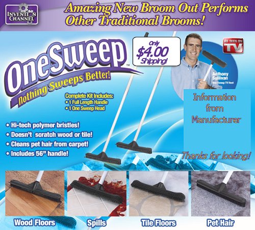 OneSweep broom advertisement with polymer bristles, a 56" handle and demos on wood, spills and tile