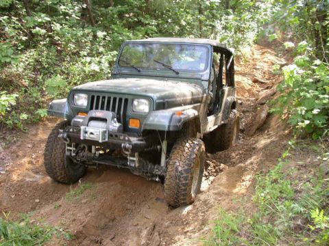 1995 Ford Bronco - A green Jeep Wrangler navigates a challenging muddy trail surrounded by dense foliage.
