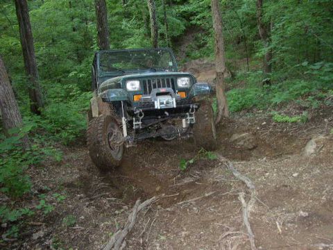 1995 Ford Bronco - Jeep Wrangler tackling a challenging dirt path through dense woods.