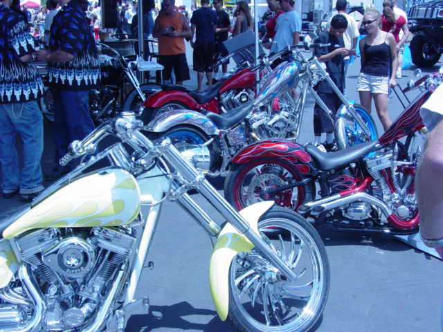 Yellow custom motorcycle with flame decals and chrome details