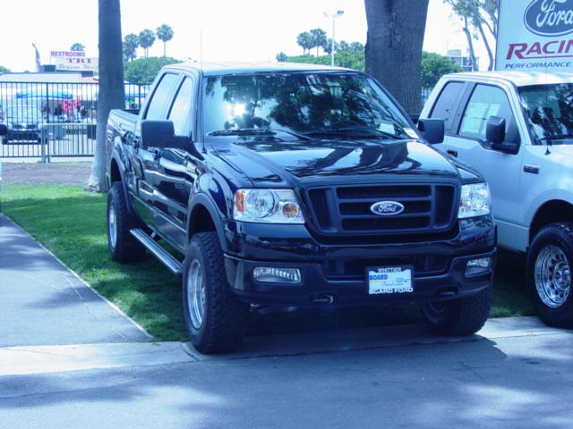 Black Ford F-150 truck, front 3/4 view, parked on grass next to a white truck