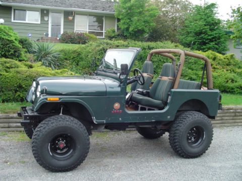 1993 Ford Bronco - A green Jeep CJ-7 is parked in front of a residential home with lush landscaping.