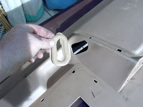 1986 Ford Bronco - Oops forgot the door handle hole trim. Now the bare, but filthy door panel is ready for scrubbing it's grains totally clean before spray bo…