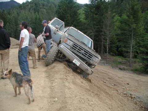 1988 Ford Bronco - A group of people and a dog observe a muddy Ford truck struggling on an off-road incline.