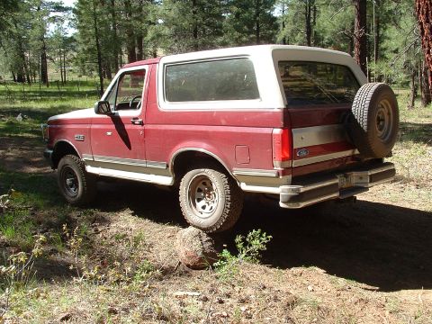 1990 Ford Bronco - A red and white Ford Bronco is parked on a dirt path surrounded by trees.