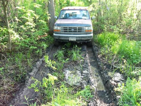1995 Ford Bronco - Ford Bronco navigating a difficult muddy path in a wooded area.