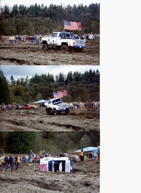 1990 Ford Bronco - A white pickup truck navigates a muddy course, with spectators watching from the sidelines.