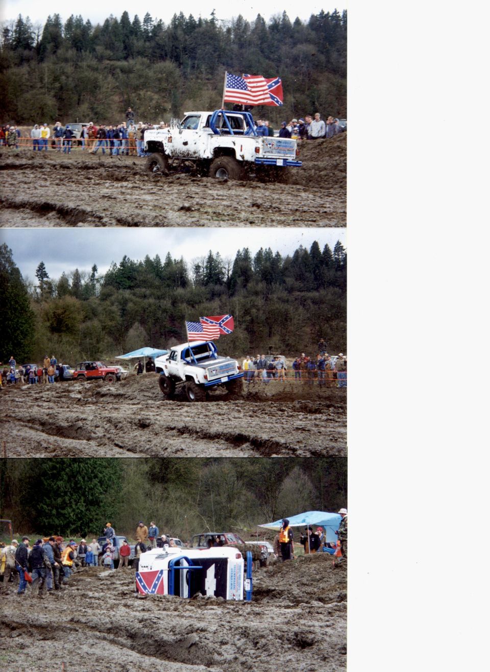 White pickup truck with American and Confederate flags in mud pit