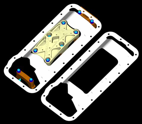 1969 Ford Fairlane - A digital rendering displays engine oil pan components, including a baffle plate and mounting hardware.