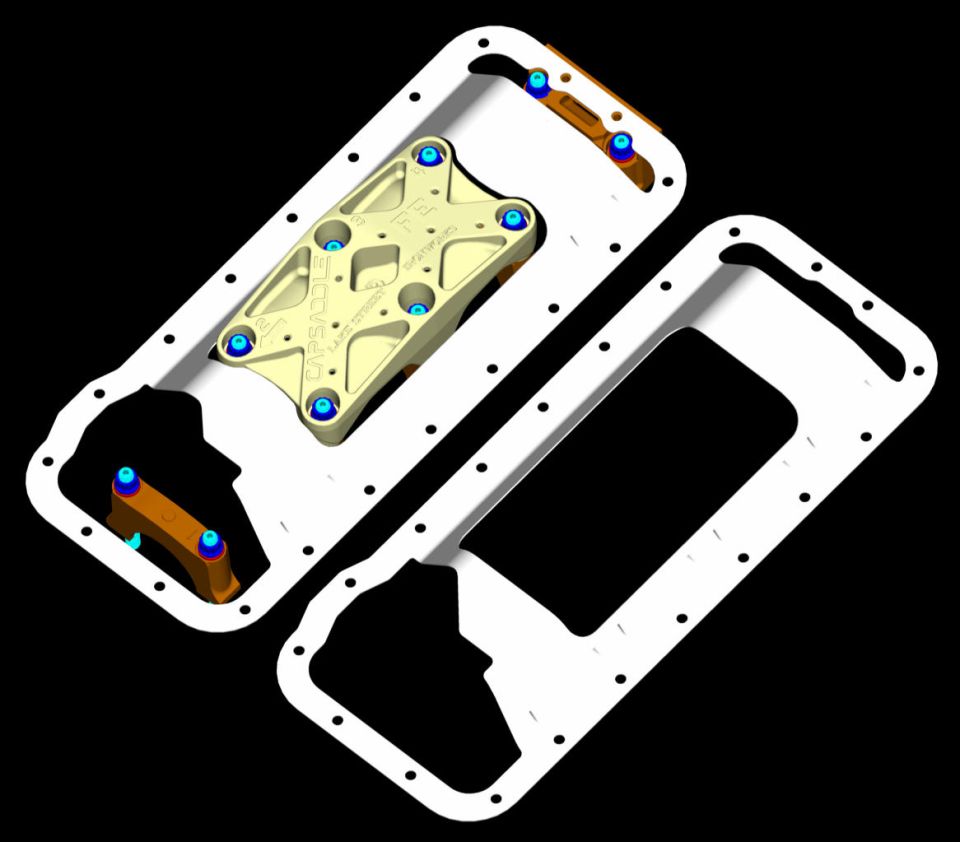 CAD render of engine windage tray with gold CapSaddle bracket and blue studs