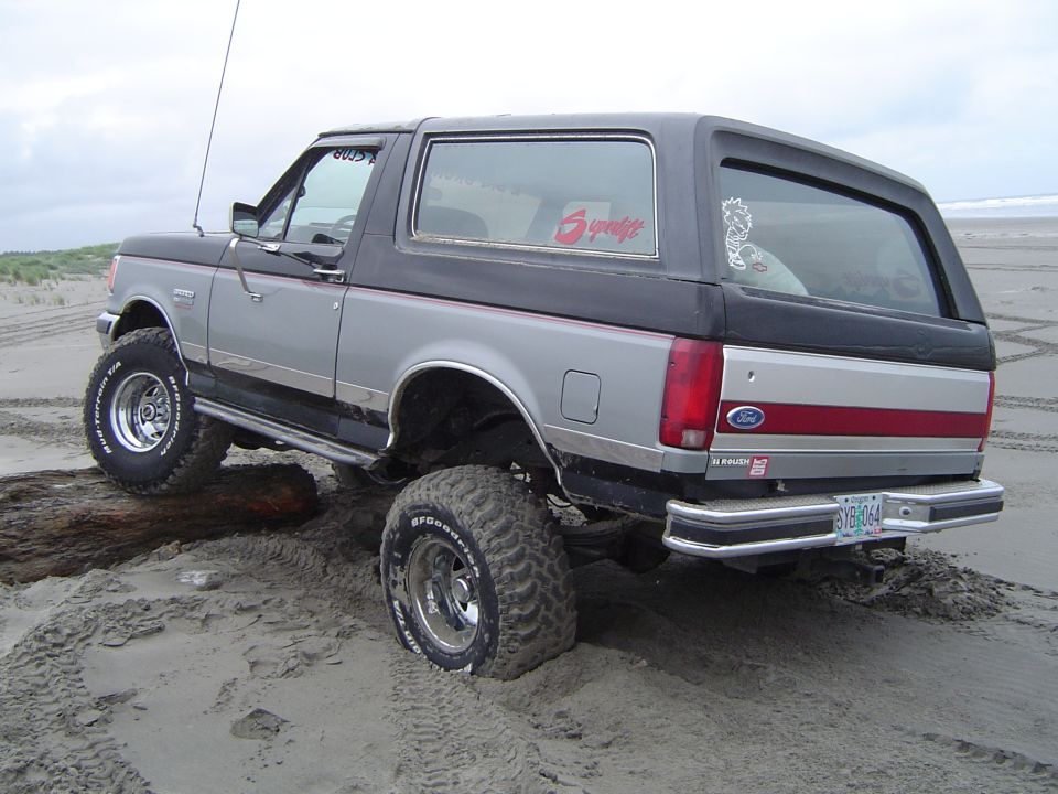 Gray and black Ford Bronco with red stripe stuck on driftwood log on a sandy beach