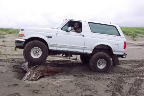 1996 Ford Bronco - A white 1996 Ford Bronco navigates sandy terrain, with its front tire resting on a large piece of driftwood.