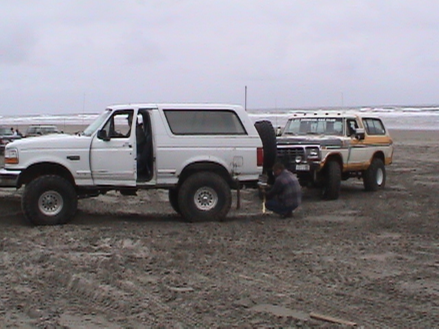 White and tan full-size Ford Bronco SUVs on a beach with a person kneeling