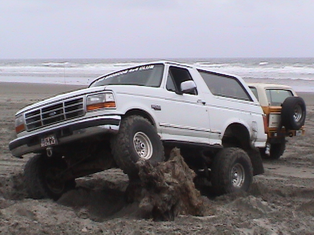 White lifted Ford Bronco flexed over driftwood on a gray beach, front tire in the air