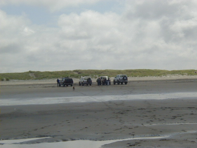 Four SUVs parked on a beach near dunes under a cloudy sky