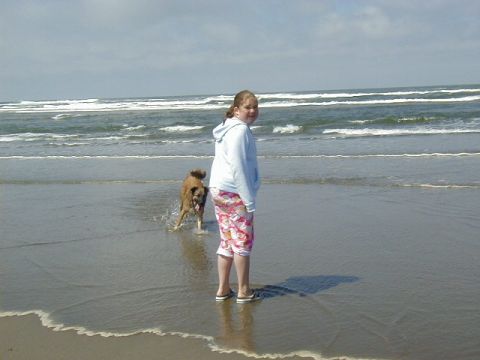 1994 Ford Explorer - A girl and her dog enjoy a day at the beach with waves in the background.
