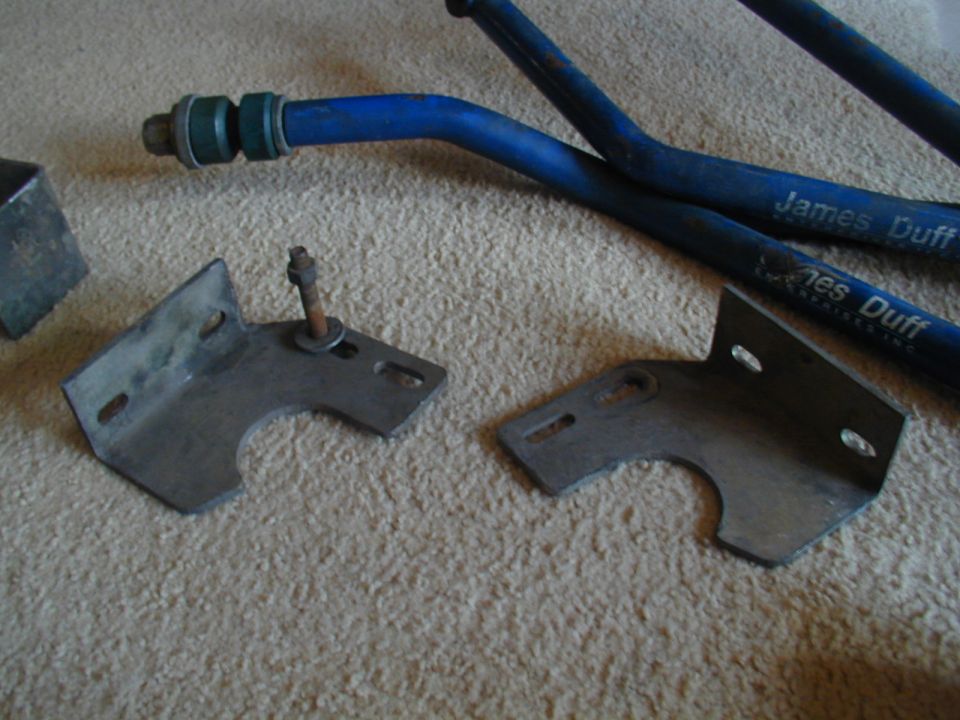 Two metal brackets and blue suspension bars with 'James Duff' text
