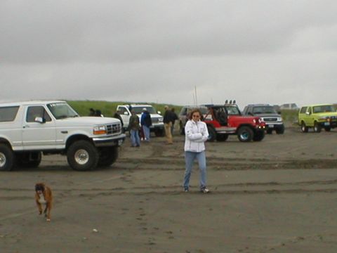 1978 Ford Bronco - Several off-road vehicles are gathered on a sandy beach under an overcast sky.
