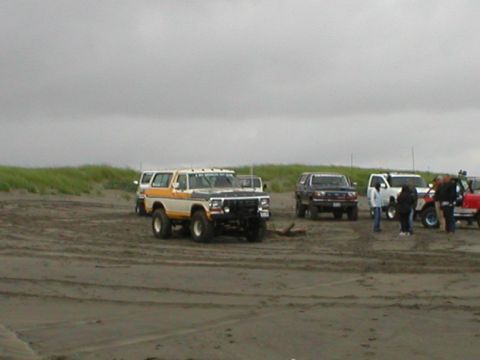 1978 Ford Bronco - Several off-road vehicles are parked on a sandy beach under an overcast sky.