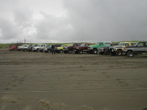 1978 Ford Bronco - A group of off-road vehicles are lined up on the sand, ready for a day of beach driving.