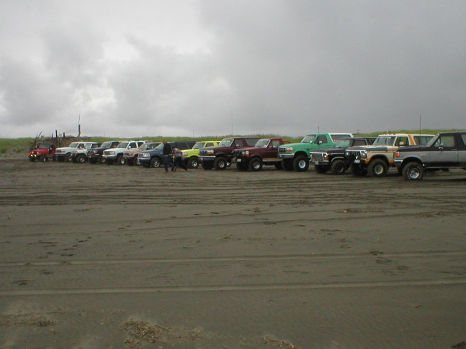Several trucks and SUVs parked in a line on a sandy beach under a cloudy sky