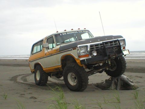 1978 Ford Bronco - A 1978 Ford Bronco navigates a sandy beach with its tires on a piece of driftwood.