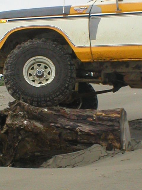 1978 Ford Bronco - A 1978 Ford Bronco navigates a sandy beach, with its front tire positioned over a large piece of driftwood.