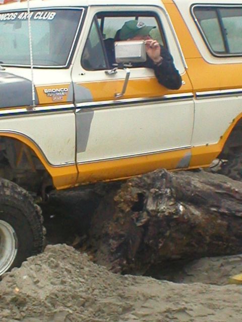 1978 Ford Bronco - This Ford Bronco is navigating over a large log, its off-road capabilities on a sandy surface.