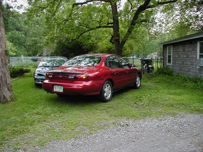 1997 Ford Taurus - This 1997 Ford Taurus is seen from the rear, parked on a grassy area next to a building.