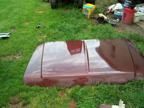 1990 Ford F-150 - A maroon car hood rests on the grass, with various tools and buckets scattered in the background.
